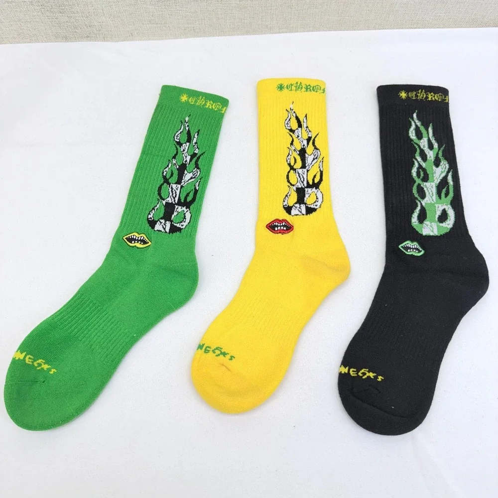 Chrome Hearts Matty Boy Chomper Flame Crew Socks 3-Pack 9-13 Green Yellow Black